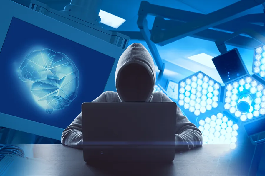 Cybersecurity in Medical Devices Hacker silhouette in front of medical devices with headline "Cybersecurity in Medical Devices"