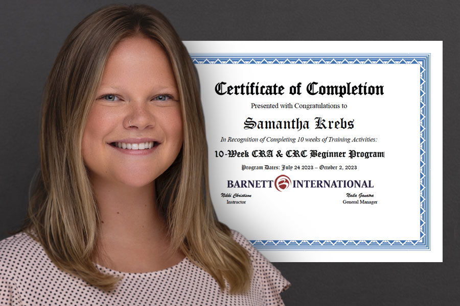 Samantha Krebs with Certificate of Completion